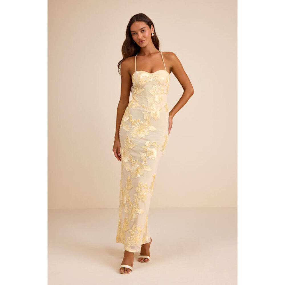 Lulus Nantessa Light Yellow Floral Applique Lace-up Maxi Dress - Size S